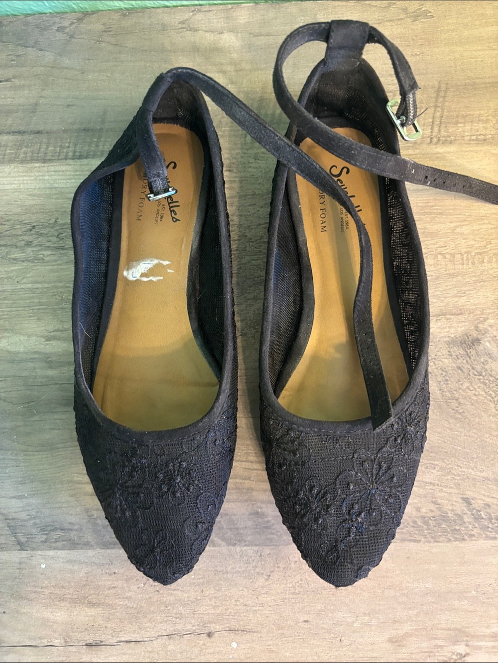 Seychelles Black Lace Pointed Toe Flats with Ankle Strap